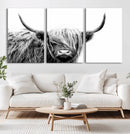 Black White Scottish Highland Cow Cattle Art Print Farmhouse