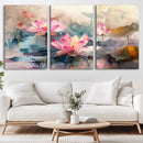 Lotus Flower Wall Art | 3-Panel Giclee Canvas Print of Pink