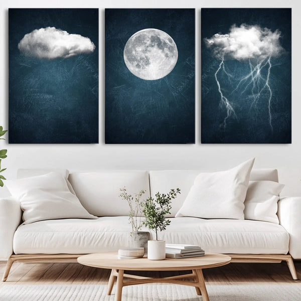 3 Piece Indigo Cloud Wall Art, Thunderstorm Moon Cloud, photo 2 of 96