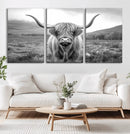 Black White Scottish Highland Cow Canvas Farm Wall Art