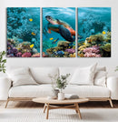Sea Turtle and Coral Reef Triptych Wall Art – Vibrant