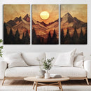 Wood Style Abstract Mountain Sunset Canvas Wall Art Print -