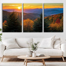 Golden Sunset Over Mountain Forest Canvas Wall Art Print -