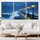Stormy Ocean Pier Lights Canvas Wall Art Print - Large Moody