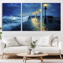 Storm Ocean Pier Canvas Wall Art Print - Large Moody Night