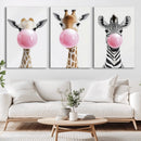 Bubblegum Animals Canvas Wall Art - Playful Giraffe and