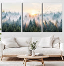 Misty Pine Forest Wall Art Canvas, Sunrise Over Foggy Trees