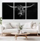Texas Longhorn Wall Art Canvas Print – Framed Monochrome