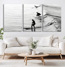 Surfers on Waves Wall Art Canvas Print – Framed Black and