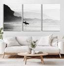 Surfer Beach Wall Art – Framed Black White Ocean Canvas