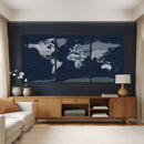 Blue Detailed World Map Wall Art Canvas Print, Modern Framed