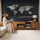 Black World Map Wall Art Canvas Print – Detailed Map of the