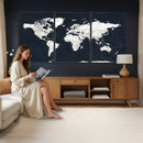 Black World Map Wall Art Canvas Print for Home Office and