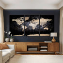 Grunge World Map Wall Art | 3-Panel Large Beige and Brown