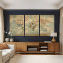 World Map Wall Art Canvas Print, Rustic Map Print, Framed