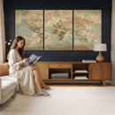 World Map Wall Art Canvas Print, Rustic Map Print, Framed