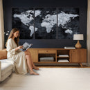 Black World Map Canvas Print – Detailed Map for Couples and