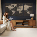 Custom World Map with Pins Canvas Wall Art Dark Charcoal