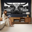 Black White Texas Longhorn Bull Canvas Wall Art, Western Ranch Cattle Photography Print, Rustic Farmhouse Cowboy Decor Artwork