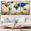 World Map Canvas Print – Vintage Blue and Gold World Map