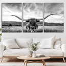 Longhorn Black and White Wall Art – Rustic Western Bull