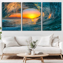 Ocean Wave Sunset Wall Art | Large Coastal Wave Canvas Print