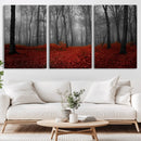 Red Forest Floor Canvas Wall Art – Mystical Foggy Woodland