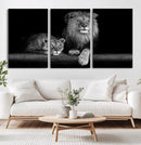 Large Black and White Lion Couple Wall Art Canvas Print –