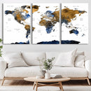 Modern Abstract World Map Canvas Wall Art – Framed Blue and