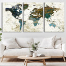 Vintage World Map Wall Art Canvas Print, Framed Rustic Earth