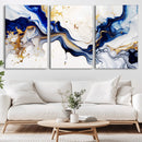 Golden Cascades on Midnight Blue – Deep Blue Abstract Wall