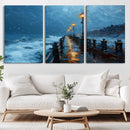 Stormy Night at Beach Pier Oil Painting Large Wall Art