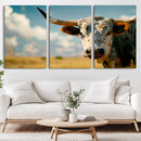 Longhorn in the Prairie - Stunning Ranch-Style Triptych Wall