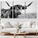 Texas Cow Longhorn Wall Art Canvas Print in Black and White