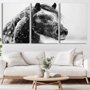 Winter Horse Canvas Print | Large 3-Panel Black White Equine
