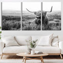 Scottish Highland Cow Wall Art | Black and White Canvas