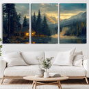 Mountain Cabin by the Lake at Sunset Wall Art - Serene
