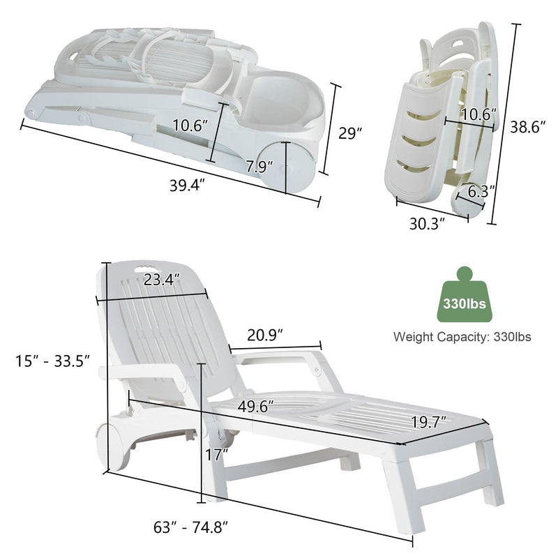 Outdoor Chaise Lounge Patio Pool Lounge Chairs with 5 Level Adjustable and Wheels, White