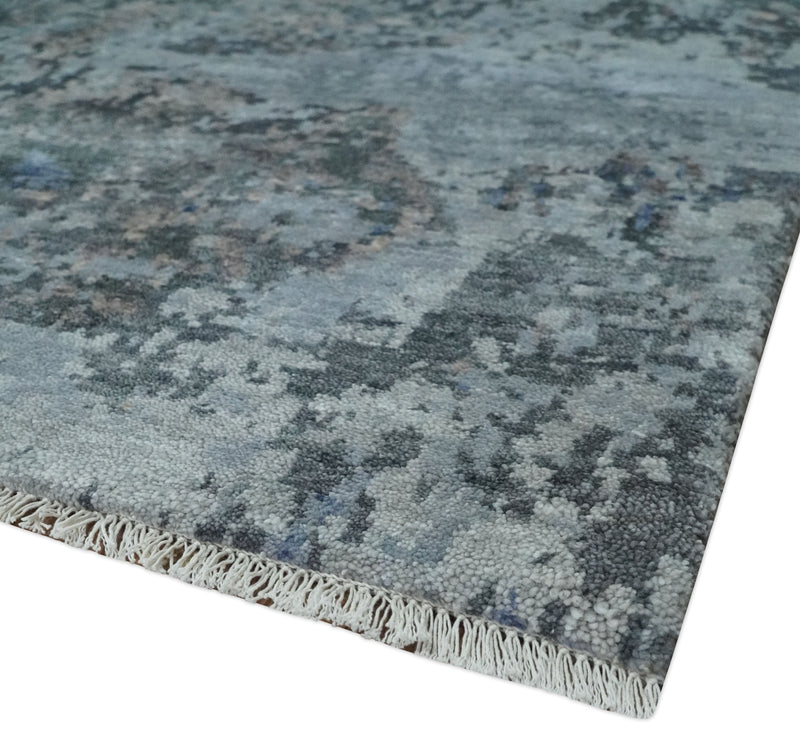 5x8 and 6x9 Silver, Charcoal and Blue Modern Abstract Handmade Wool Area Rug