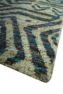 Hand Knotted Beige, Charcoal and Blue Antique Design Contemporary Recycled Silk Rug
