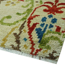 Custom Made Vintage Floral Ikat Design Beige And Blue Hand Knotted Wool Rug