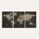 World Map Canvas Wall Art Dark Charcoal Antique Tan Detailed