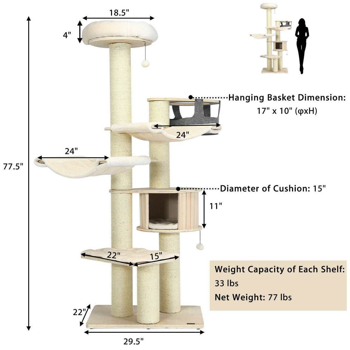 77.5-Inch Cat Tree Condo Multi-Level Kitten Activity Tower with Sisal Posts-Cream White, photo 5 of 8