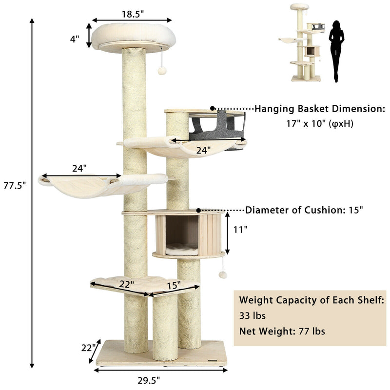 77.5-Inch Cat Tree Condo Multi-Level Kitten Activity Tower with Sisal Posts-Cream White, photo 5 of 8