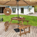 6-person Round Wooden Picnic Table with Umbrella Hole and 3 Built-in Benches-Dark Brown by LJGDeals