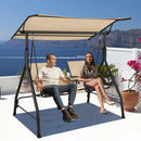 2-Seat Outdoor Cushioned Porch Swing with Adjustable Canopy and Tempered Glass Table-Beige by LJGDeals