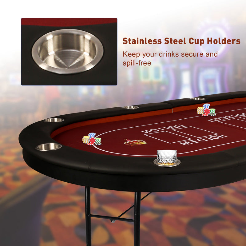 Upgraded 10 Players Foldable 90.5" Casino Poker Table Card Game Table with Metal Frame and 10 Cup Holders, Red