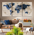 Vintage Blue World Map Canvas Wall Art – Antique Style