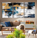 Blue and Gold Abstract Canvas Wall Art – Triptych Modern