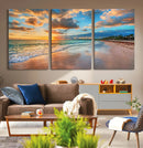Sunset Ocean Waves on Tropical Beach, 3-Panel Giclee Canvas